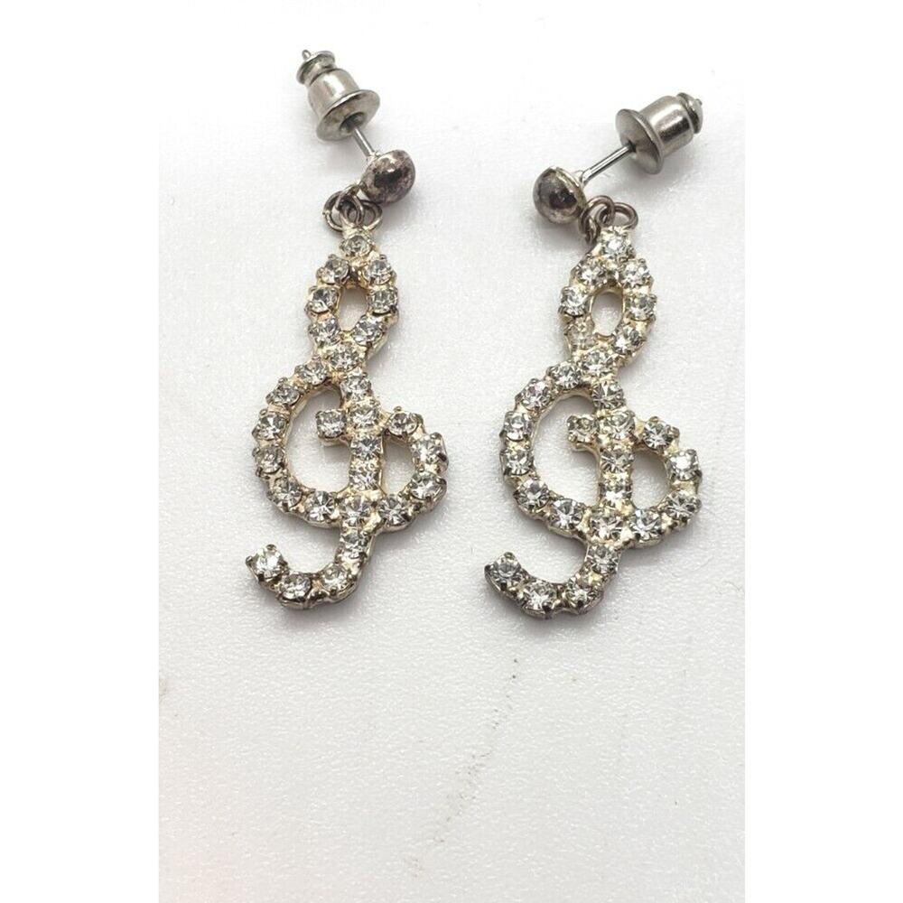Vintage Earrings Music Note Rhinestone & Sterling Silver Musical Sing Singing